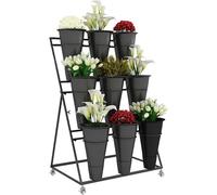 Outdoor Plant Stand 3-Tier Flower Rack with Wheels Metal & Plastic Planters Ideal for Garden Patio Living Room - Versatile Flower Display Shelf.