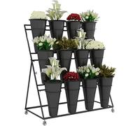 Outdoor Plant Stand Mobile 3-Tier Flower Rack with Wheels Iron & Plastic Planters Garden & Terrace nizer Perfect for Flowers in Living Room & Patio