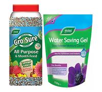Outdoor Plants Food Fertiliser Bundle - Water Saving Gel 250g & Gro-Sure All Purpose 6-month Plant Food Granules 1.1kg with Topline Card for Slow Release Garden Compost Moisture Feeding Control.