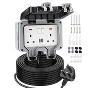 Outdoor Plug Sockets Waterproof 10M Outdoor Extension Lead with 2 USB Ports, IP66 Weatherproof Socket Switch Indicator Light Wall Electrical Outlet Box for Garden