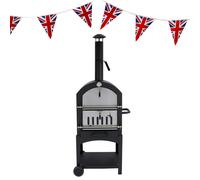 Outdoor Pizza Oven Portable Charcoal BBQ Smoker Pizza Maker Cooker Chimney Vent Temperature Gauge Storage Shelf & Union Jack Bunting 25 Triangle Flags 10m Double Sided FREE Pizza Peel, Stone & Cutter