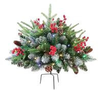 Outdoor Prelit Christmas Tree 23.6 Inch Snow Flocked Mini Tree with Pinecones and Berries, Christmas Porch Urn Filler with Stake for Patio Garden Yard