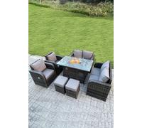 Fimous Outdoor Rattan Garden Furniture High Back Sofa Set Fire Pit Dining Table Gas Heater 2 Recling Chairs 2 Seater Love Sofa Footstools 8 Seater