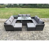 Fimous Rattan Outdoor Garden Furniture Set with Gas Fire Pit Tabl, Side Table, 3 Sofas, 2 Large Footstools - 11 Seater - Dark Grey