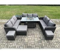 Fimous Rattan Outdoor Garden Furniture Set with Gas Fire Pit Table, Side Table, 3 Sofas, 3 Footstools - 12 Seater - Dark Grey