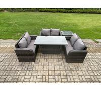 Outdoor Rattan Furniture Garden Dining Set Height Adjustable Rising lifting Table With 3 PC Love Sofa Side Table Fimous Dark Grey One Size