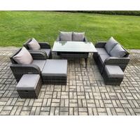 Outdoor Rattan Garden Furniture 8 piece Grey Patio Furniture Set 9 Seater Lounge Sofa Set with Rectangular Table 3 Stools Fimous Dark Grey One Size