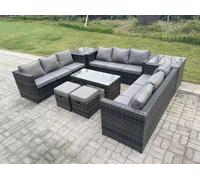 Outdoor Rattan Garden Furniture Lounge Sofa Set With Oblong Rectagular Coffee Table 2 Stools Fimous Dark Grey One Size