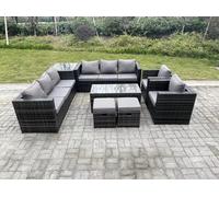 Fimous Outdoor Rattan Garden Furniture Lounge Sofa Set With Oblong Rectagular Coffee Table 2 PC Arm Chair Side Coffee Table 2 Stools