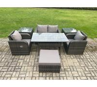 Outdoor Rattan Garden Furniture Lounge Sofa Set With Oblong Rectangular Dining Table 2 Reclining Chair Fimous Dark Grey One Size