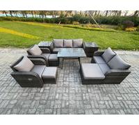 Fimous Outdoor Rattan Garden Furniture Set 10 Seater Patio Lounge Sofa Set with Dining Table 3 Footstools 2 Side Tables Dark Grey Mixed