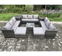 Fimous Outdoor Rattan Garden Furniture Set 11 Seater Patio Lounge Sofa Set with Side Table Square Coffee Table 2 Big Footstool Dark Grey Mixed