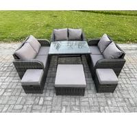 Fimous Outdoor Rattan Garden Furniture Set 9 Seater Patio Love Sofa Set with Rectangular Dining Table 3 Footstools Dark Grey Mixed