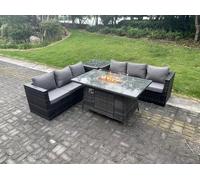 Fimous Outdoor Rattan Garden Furniture Gas Fire Pit Dining Table Sets Gas Heater Side table Dark Mixed Grey 6 Seater