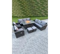 Fimous Rattan Outdoor Garden Furniture Set with Gas Fire Pit Dining Table, 2 Reclining Chairs, 2 Sofas, 2 Foot stools - 10 Seater - Dark Grey