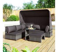 Outdoor Rattan Lounge Set - Weatherproof Sun Island Sofa with Canopy Ottoman Chairs & Table - Stylish Patio Furniture for Garden Balcony & Terrace - Grey