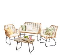 Outdoor Rattan Sofa Set 4pc Beige PE Rattan Tempered Glass Table Black 74x44cms