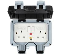 Outdoor RCD Socket, Double Switched Waterproof Sockets 13 Amp 2 Gang IP66 Rated Wall Electrical Outlet
