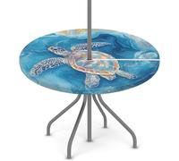 Outdoor Round Tablecloth With Umbrella Hole, Ocean Sea Turtle Patio Table Cover Circle Fitted Tablecloth with Zipper Waterproof Umbrella Table Cover for Party Picnic, Fit for 45"-56" Round Tables