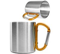 Outdoor Saxx® - Camping Mug, Outdoor Mug, Metal Mug with Screw Carabiner Handle, Stainless Steel, Hiking, Trekking, Work, 250ml, Silver(Orange)