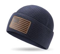 OUTDOOR SHAPING Grid Fleece Cuffed Beanie with Leather American Flag Patch Waffle Tactical Army Military Skull Cap, Navy, One size