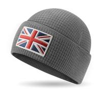 Outdoor Shaping Grid Fleece Cuffed Beanie with Leather Union Flag Patch Waffle Tactical Army Military Skull Cap Grey