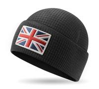 Outdoor Shaping Grid Fleece Cuffed Beanie with Leather Union Flag Patch Waffle Tactical Army Military Skull Cap Black