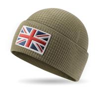 Outdoor Shaping Grid Fleece Cuffed Beanie with Leather Union Flag Patch Waffle Tactical Army Military Skull Cap Army Green