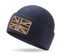 Outdoor Shaping Leather UK Flag Patch, Grid Fleece Cuffed Beanie Waffle Knit, Tactical Army Military Skull Cap Warm, Unisex Hat One Size, Outdoor Hiking Travel Daily Wear Navy Blue