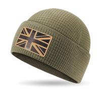 Outdoor Shaping Leather UK Flag Patch, Grid Fleece Cuffed Beanie Waffle Knit, Tactical Army Military Skull Cap Warm, Unisex Hat One Size, Outdoor Hiking Travel Daily Wear Military Green