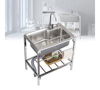 Outdoor Shop Sink for Washing, 304 Stainless Steel Commercial Portable Kitchen Prep Laundry Room Sinks & Utility Tubs Sink for Laundry/Backyard/Garage, w/Faucet & Drainboard, 1 Compartment (Color : S