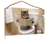 Outdoor Signs For Porch Cat On Toilet: A Daily Newspaper Reader Wooden Sign Fall Decorations For Home Farmhouse Our Home Signs(23X35CM)