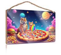 Outdoor Signs For Porch Space Cats Feasting On Cosmic Pizza Wooden Sign Fall Decorations For Home Farmhouse Our Home Signs(15X28CM)