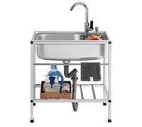 Outdoor Sink Set,Free Standing Stainless-Steel Single Bowl, Commercial Kitchen Set with Cold and Hot Faucet Washing Hand Basin Utility Indoor