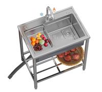 Outdoor Sink Single Bowl, Freestanding Stainless Steel Utility Sink, Commercial Kitchen Sink with Hot and Cold Tap for Restaurant, Bar, Laundry, Garage, Backyard (Depth 22cm)