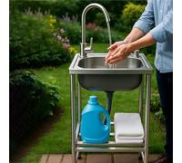 Outdoor Sink Single Bowl Freestanding Stainless Steel Utility Sink with Hot and Cold Water Faucets Commercial Restaurant Kitchen Vessels Mobile Garden Camping Washbasin Easy to Clean