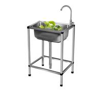 Outdoor Sink Stainless Steel, Commercial Single Bowl Sinks Prep Utility Sink with Faucet Sinks Portable Free Standing for Garage Laundry Restaurant Basement Camping Garden Kitchen 38X32cm