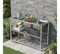 Outdoor Sink Stainless Steel, Freestanding Double Bowl Utility Sink | Commercial Kitchen Sink With 3-Tier Storage, 360° Hot & Cold Tap, U-Trap Anti-Odour Drain For Camping Workshop Sink Silver