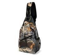 Outdoor Sling Chest Bag for Men and Women, Lightweight Shoulder Pack, Great for Cycling, Hiking and Holidays, Tigers Laying on The Ground