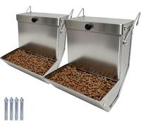 Outdoor Small Animal Stainless Steel Gravity Feeding Trough Pet Feeder Durable with Lid Cage Rabbit Feeder Holds Several Days Worth of Food(for Guinea Pig Birds Ferrets (2pc, 6.2 inch-4Lbs)