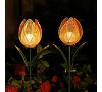 Outdoor Solar Garden Lights - 2 Pack Solar Large Metal Tulip Flowers Decorative Lights - Warm White LED Waterproof Solar Stake Lights for Garden, Patio, Yard, Lawn, Walkway Decoration(Yellow)