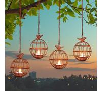 Outdoor Solar Hanging Lantern Lights, 4 Pack Rustic Ball Birdcage Hanging Candle Holder with Solar Tea Lights, Waterproof Chandelier for Patio, Backyard, Pergola, Tree Decor (Dark Orange)