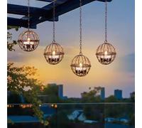 Outdoor Solar Hanging Lanterns Waterproof, Globe Hanging Candle Holder with Flickering Solar Powered Tea Lights, Chargeable Chandelier Light for Backyard Patio Garden Fence Tree Decoration-4Pack