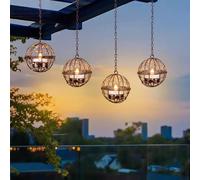 Outdoor Solar Hanging Lanterns Waterproof, Globe Hanging Candle Holder with Flickering Solar Powered Tea Lights, Chargeable Chandelier Light for Backyard Patio Garden Fence Tree Decoration-4Pack