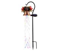 Outdoor Solar Stake Light with Hanging Colourful Light Strands | Metal garden stake with a curved hanging arm and decorative floral top, shown with cascading multicoloured strands