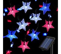 Outdoor Solar String Lights 50LEDs with 3D Shaped Crystal Star String Lights for Garden Decorations( Blue White Red US Flag Color)