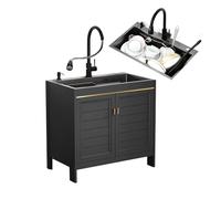 Outdoor Stainless Steel Freestanding Kitchen Utility Sink with Cabinet, Hose Drainer Unit, and Storage Shelf for Restaurant, Bar, Laundry, Garage, Backyard
