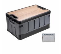 Outdoor Storage Container Folding Storage Box Organizer Bin Cargo Crate With Wood Lid Rigid PP Body Flat Design Double Entry Built In Handles suitable, Black With Waterproof Bag, 60L