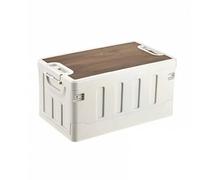 Outdoor Storage Container Folding Storage Box Organizer Bin Cargo Crate With Wood Lid Rigid PP Body Flat Design Double Entry Built In Handles suitable, Pure White, 60L