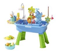 Outdoor Summer Beach Sensory Playing Activity Sand and Water Table Play Set, Play Sink with Running Water Fishing Game Toys, Multifunctional Dishwashing Sink for Camping, Daycare, and Bathroom